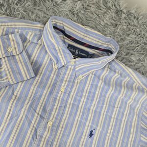 Ralph Lauren Mens XXL Blue Yellow Striped Classic Fit Cotton Button Down Shirt